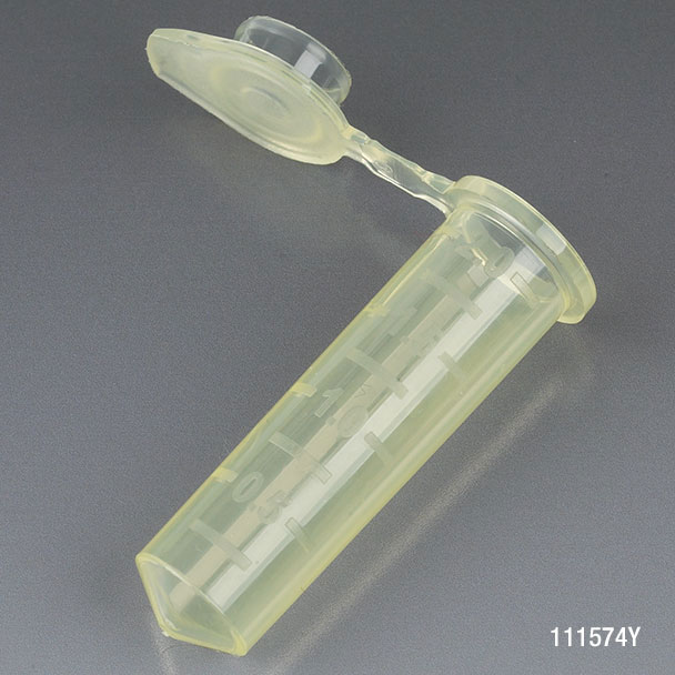 Globe Scientific Microcentrifuge Tube, 2.0mL, PP, Attached Snap Cap, Graduated, Yellow, Certified: Rnase, Dnase and Pyrogen Free, 500/Stand Up Zip Lock Bag Image