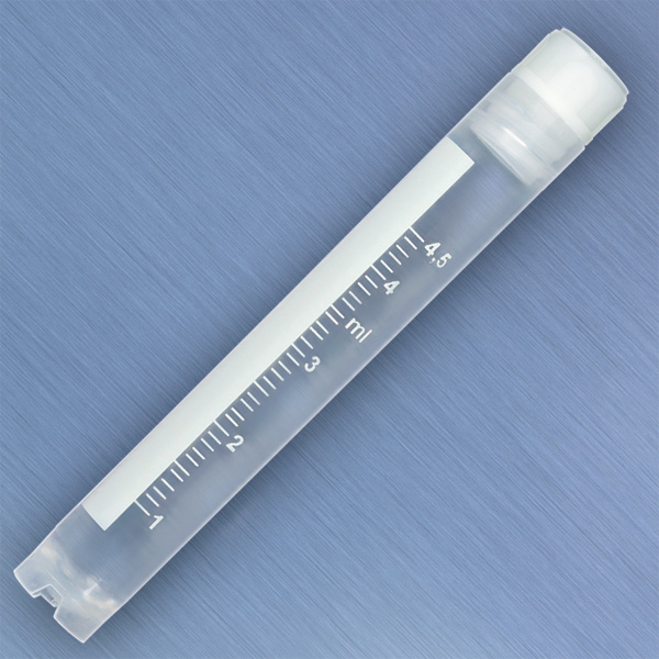 Globe Scientific CryoCLEAR vials, 5.0mL, STERILE, Internal Threads, Attached Screwcap with Co-Molded Thermoplastic Elastomer (TPE) Sealing Layer, Round Bottom, Self-Standing, Printed Graduations, Writing Space and Barcode, 50/Bag Image