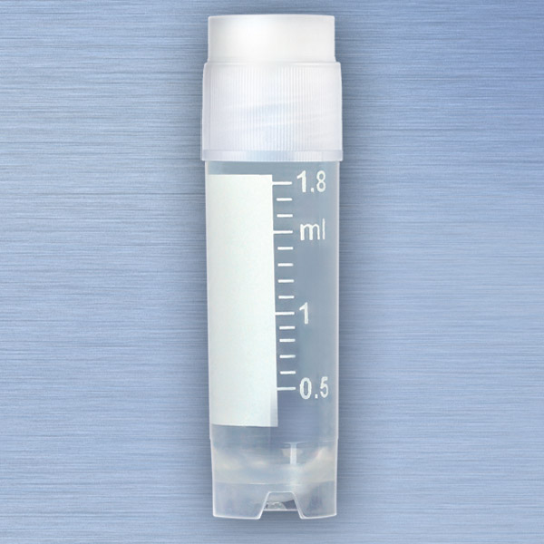 Globe Scientific CryoCLEAR vials, 2.0mL, STERILE, External Threads, Attached Screwcap with Co-Molded Thermoplastic Elastomer (TPE) Sealing Layer, Round Bottom, Self-Standing, Printed Graduations, Writing Space and Barcode, 50/Bag Image