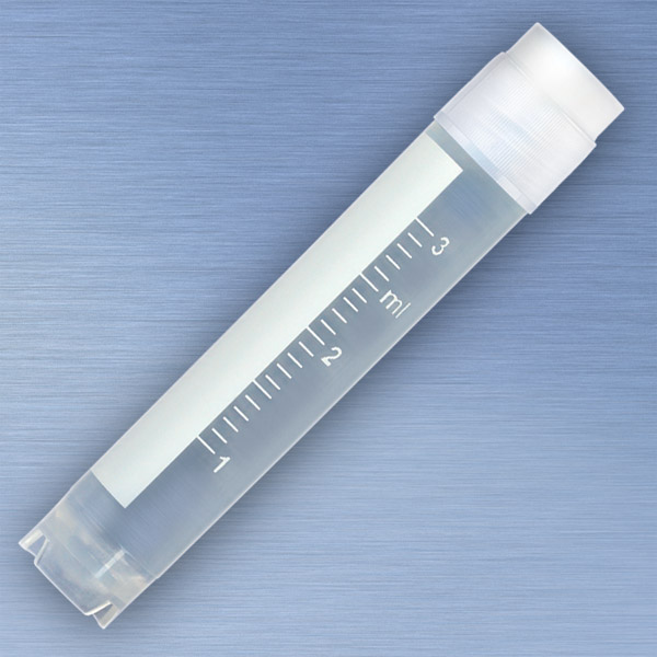 Globe Scientific CryoCLEAR vials, 3.0mL, STERILE, External Threads, Attached Screwcap with Co-Molded Thermoplastic Elastomer (TPE) Sealing Layer, Round Bottom, Self-Standing, Printed Graduations, Writing Space and Barcode, 50/Bag Image