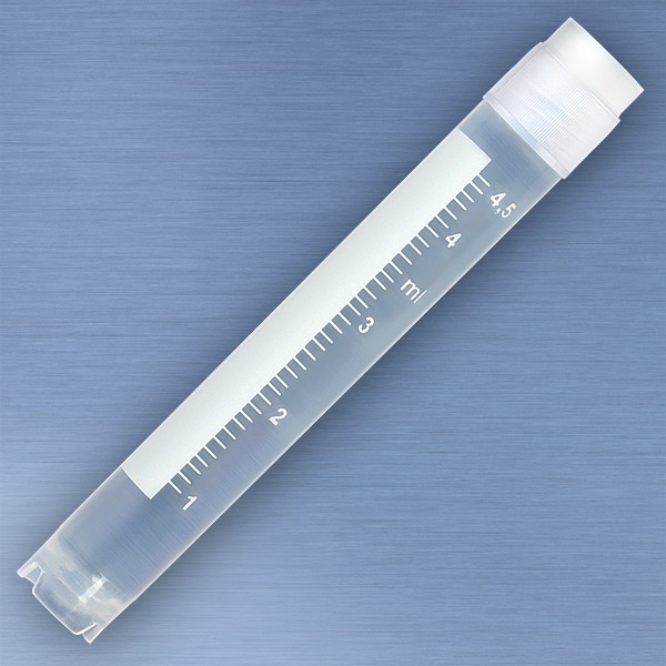 Globe Scientific CryoCLEAR vials, 5.0mL, STERILE, External Threads, Attached Screwcap with Co-Molded Thermoplastic Elastomer (TPE) Sealing Layer, Round Bottom, Self-Standing, Printed Graduations, Writing Space and Barcode, 50/Bag, 10 Bags/Case Image