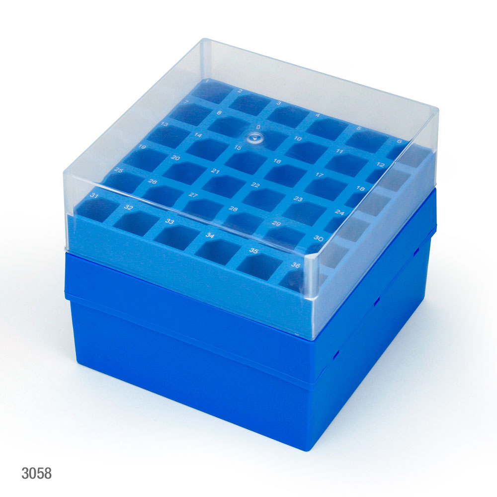 Globe Scientific Storage Box with Lid for 15mL Centrifuge Tubes, 36-Place (6x6), PP, Blue Base & Clear Lid, 4 Boxes/Carton Image