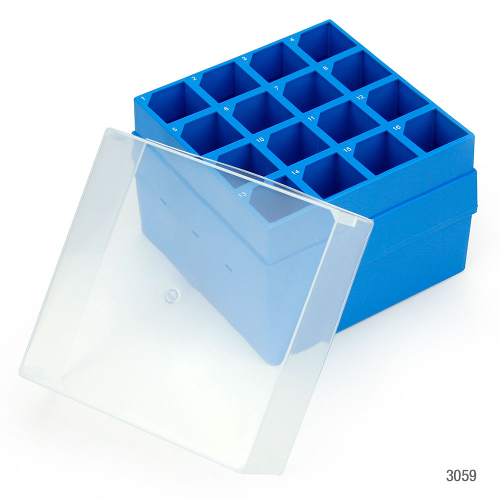 Globe Scientific Storage Box with Lid for 50mL Centrifuge Tubes, 16-Place (4x4), PP, Blue Base & Clear Lid, 4 Boxes/Carton Image