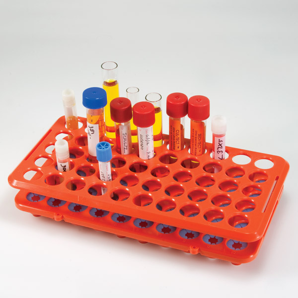 Globe Scientific Grip Rack, Rack with Tube Grippers for up to 17mm Tubes, 50-Place, Autoclavable, Orange Image