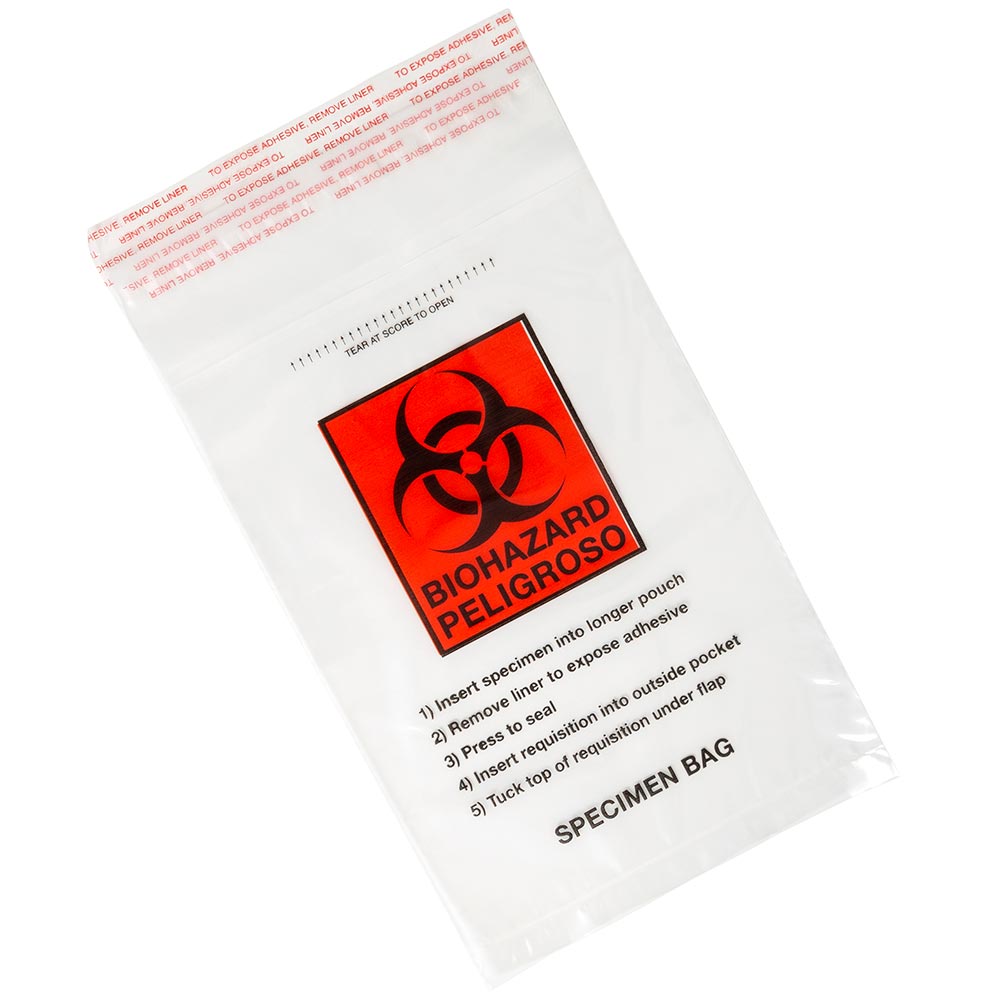 Globe Scientific Bag, Biohazard Specimen Transport, 8" x 10", Ziplock with Document Pouch, Tearzone, 100/Pack, 10 Packs/Unit Image