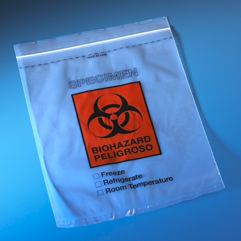 Globe Scientific Bag, Biohazard Specimen Transport, 12" x 15", Ziplock with Document Pouch, Tearzone, 500/Pack, 2 Packs/Unit Image