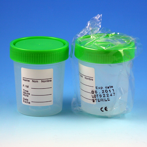 Globe Scientific Specimen Container, 4oz, with 1/4-Turn Green Screwcap and Tri-Lingual ID Label, STERILE, PP, Individually Wrapped, Graduated Image