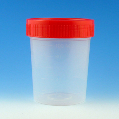 Globe Scientific Specimen Container, 4oz, with Separate 1/4-Turn Red Screwcap, Non-Sterile, PP, Graduated, Bulk Image