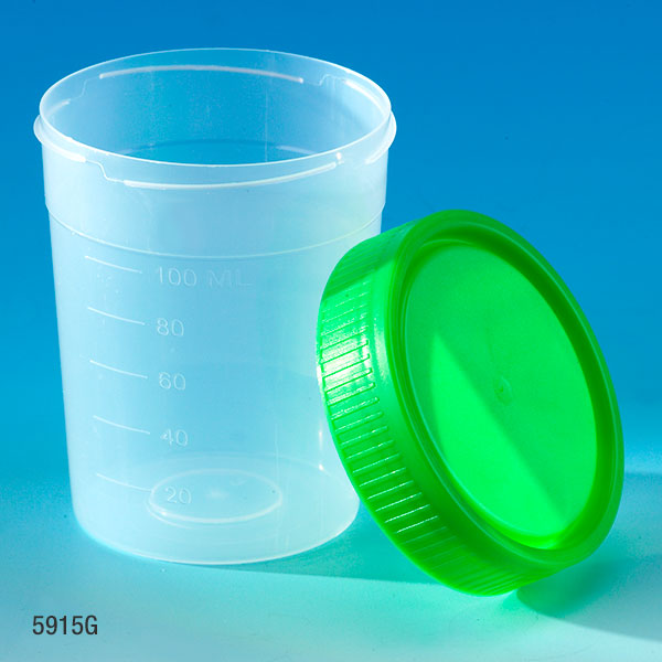 Globe Scientific Specimen Container, 4oz, with Separate 1/4-Turn Green Screwcap, Non-Sterile, PP, Graduated, Bulk Image