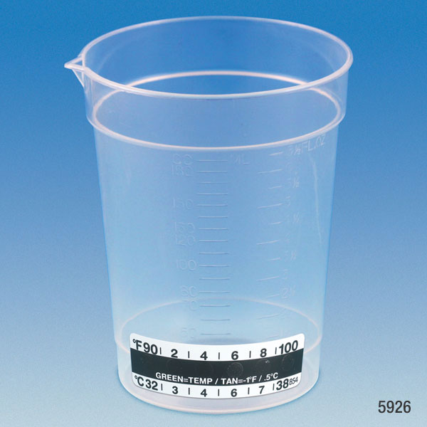 Globe Scientific Specimen Container, 6.5oz, with Attached Thermometer Strip, Pour Spout, PP, Graduated Image