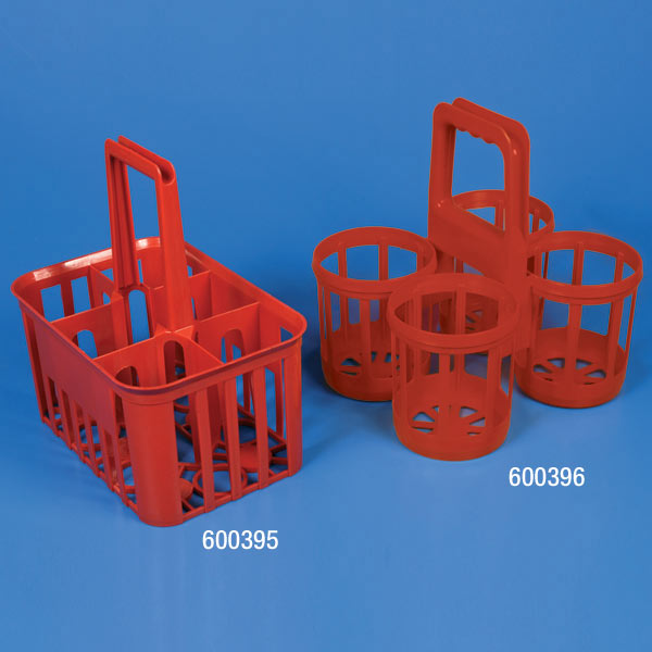 Globe Scientific Bottle Carrier, 6 Position, for up to 95mm Wide Bottles, HDPE, Red Image