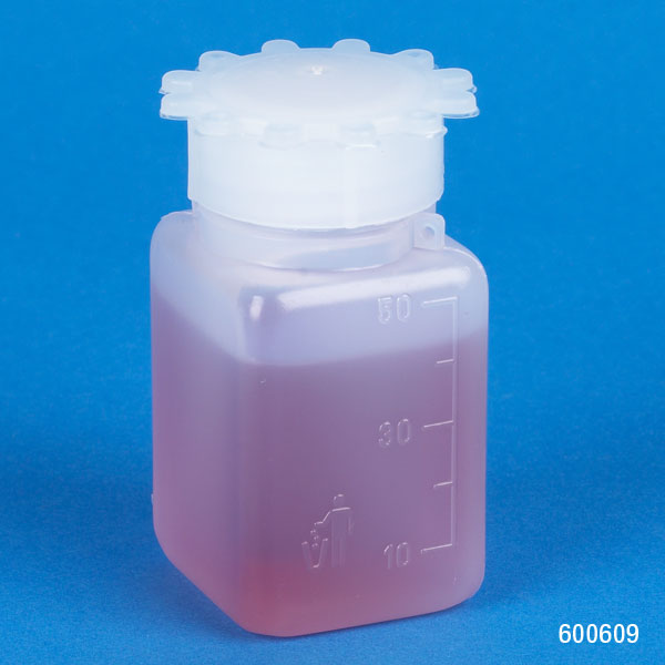 Globe Scientific Bottle with Screwcap, Wide Mouth, Square, Graduated, PE (Cap: PP), 50mL, 100/Bag, 4 Bags/Unit Image