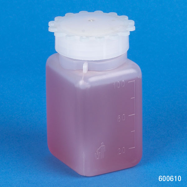 Globe Scientific Bottle with Screwcap, Wide Mouth, Square, Graduated, PE (Cap: PP), 100mL, 100/Bag, 6 Bags/Unit Image