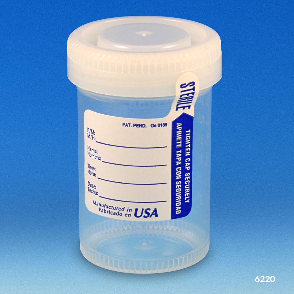 Globe Scientific Tite-Rite Container, 90mL (3oz), with Attached White Screw Cap and ID Label, Graduated, STERILE Image