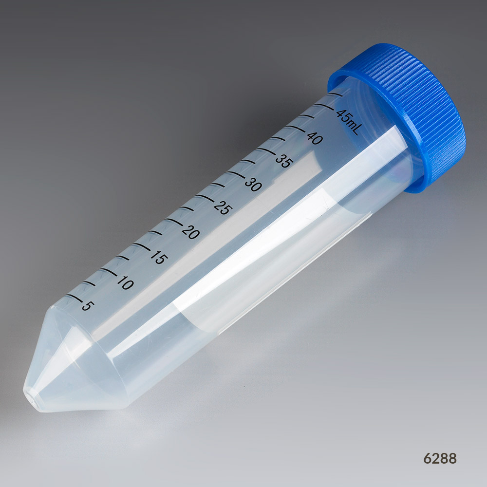 Globe Scientific Centrifuge Tube, 50mL, Attached Blue Flat Top Screw Cap, PP, Printed Graduations, STERILE, 25/Rack, 20 Racks/Unit Image