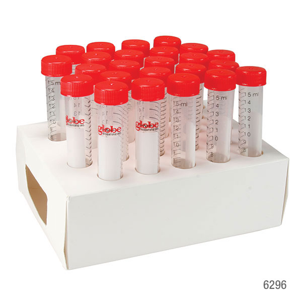 Globe Scientific Diamond MAX Centrifuge Tube, 15mL, Attached Red Flat Top Screw Cap, PP, Printed Graduations, STERILE, Certified, 25/Cardboard Rack, 20 Racks/Unit Image