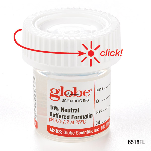 Globe Scientific Pre-Filled Container with Click Close Lid: Tite-Rite, 20mL (0.67oz), PP, Filled with 10mL of 10% Neutral Buffered Formalin, Attached Hazard Label, 24/Box, 4 Boxes/Unit Image