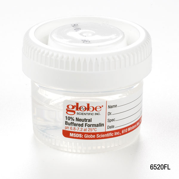 Globe Scientific Pre-Filled Container with Click Close Lid: Tite-Rite, 40mL (1.34oz), PP, Filled with 20mL of 10% Neutral Buffered Formalin, Attached Hazard Label, 24/Box, 4 Boxes/Unit Image