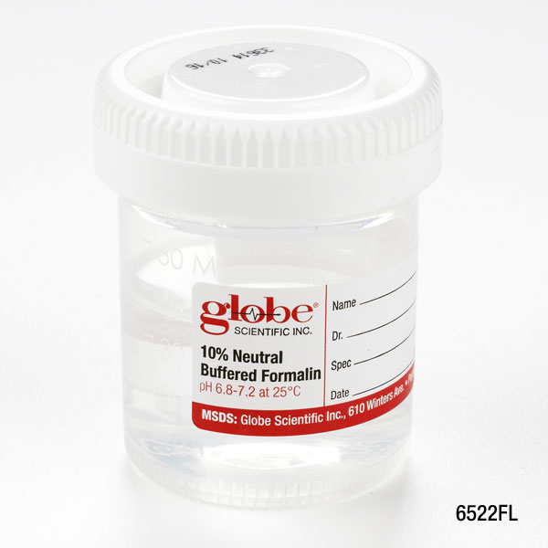 Globe Scientific Pre-Filled Container with Click Close Lid: Tite-Rite, 60mL (2oz), PP, Filled with 30mL of 10% Neutral Buffered Formalin, Attached Hazard Label, 24/Box, 4 Boxes/Unit Image