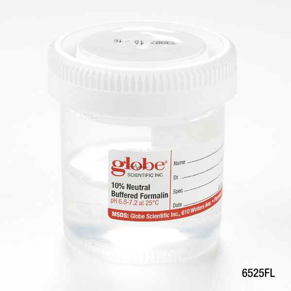 Globe Scientific Pre-Filled Container with Click Close Lid: Tite-Rite, 90mL (3oz), Wide Mouth, PP, Filled with 45mL of 10% Neutral Buffered Formalin, Attached Hazard Label, 24/Box, 4 Boxes/Unit Image