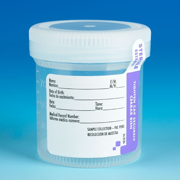 Globe Scientific Container: Tite-Rite, Wide Mouth, 90mL (3oz), PP, STERILE, Attached White Screw Cap, ID Label with Tab Seal, Graduated Image