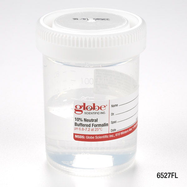 Globe Scientific Pre-Filled Container with Click Close Lid: Tite-Rite, 120mL (4oz), PP, Filled with 60mL of 10% Neutral Buffered Formalin, Attached Hazard Label, 24/Box, 4 Boxes/Unit Image