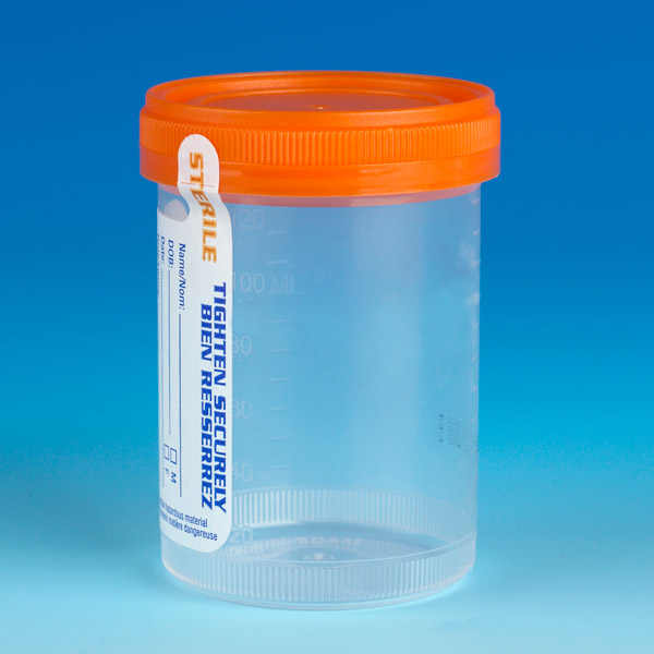 Globe Scientific Container: Tite-Rite, 120mL (4oz), PP, STERILE, Attached Orange Screw Cap, ID Label, Graduated, Individually Wrapped Image