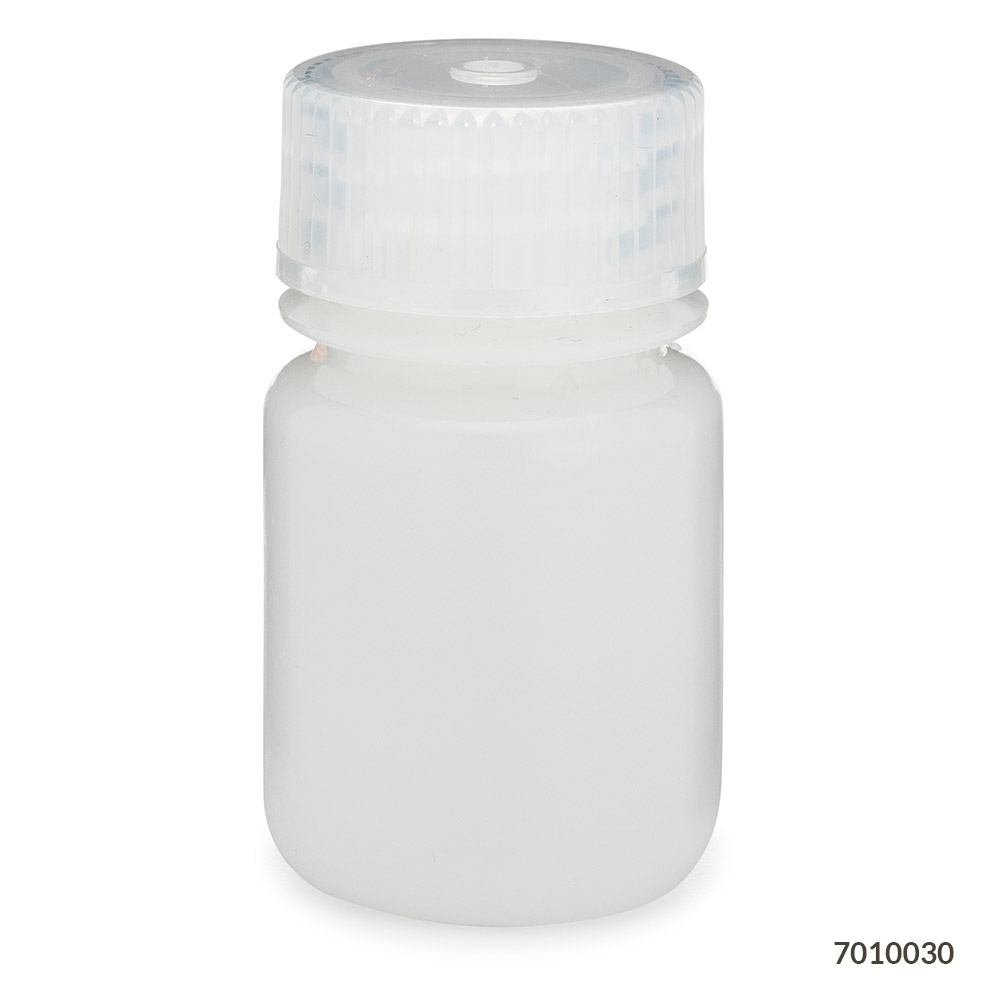 Globe Scientific Bottle, Wide Mouth, HDPE Bottle, Attached PP Screw Cap, 30mL, 12/Pack Image