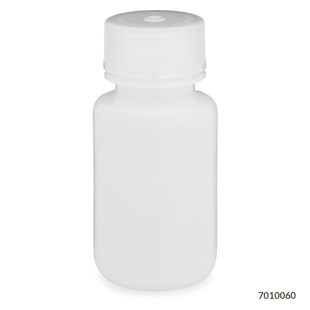 Globe Scientific Bottle, Wide Mouth, HDPE Bottle, Attached PP Screw Cap, 60mL, 12/Pack Image