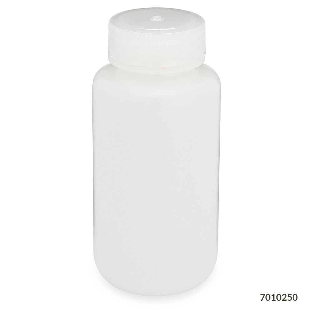 Globe Scientific Bottle, Wide Mouth, HDPE Bottle, Attached PP Screw Cap, 250mL, 12/Pack Image