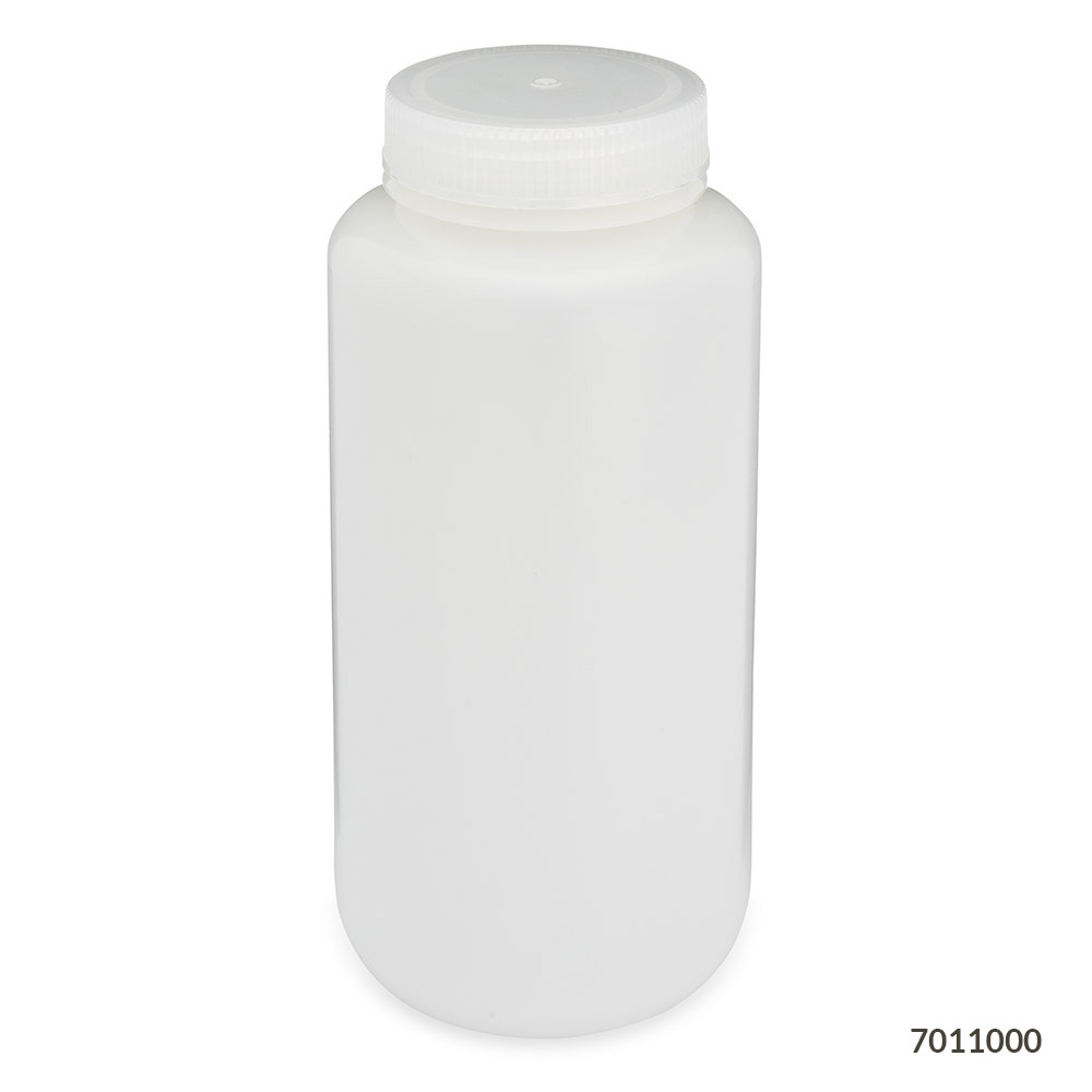 Globe Scientific Bottle, Wide Mouth, HDPE Bottle, Attached PP Screw Cap, 1000mL, 6/Pack Image