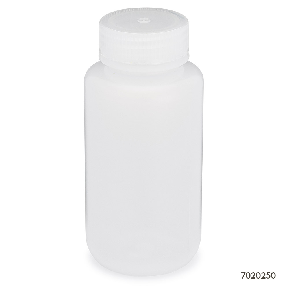 Globe Scientific Bottle, Wide Mouth, LDPE Bottle, Attached PP Screw Cap, 250mL, 12/Pack Image