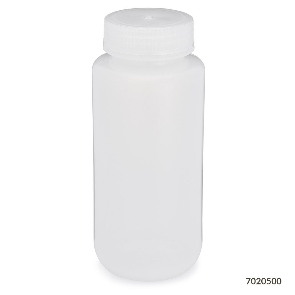 Globe Scientific Bottle, Wide Mouth, LDPE Bottle, Attached PP Screw Cap, 500mL, 12/Pack Image