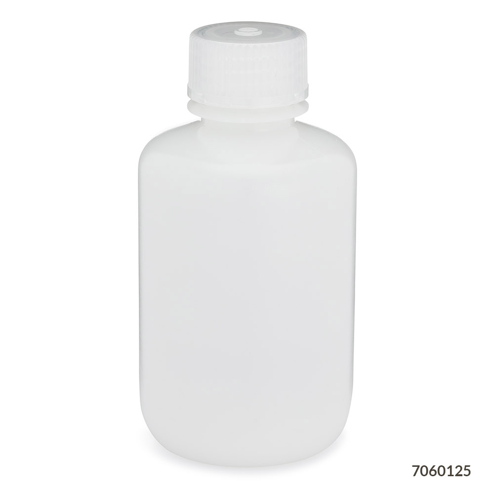 Globe Scientific Bottle, Narrow Mouth, HDPE Bottle, Attached PP Screw Cap, 125mL, 12/Pack Image