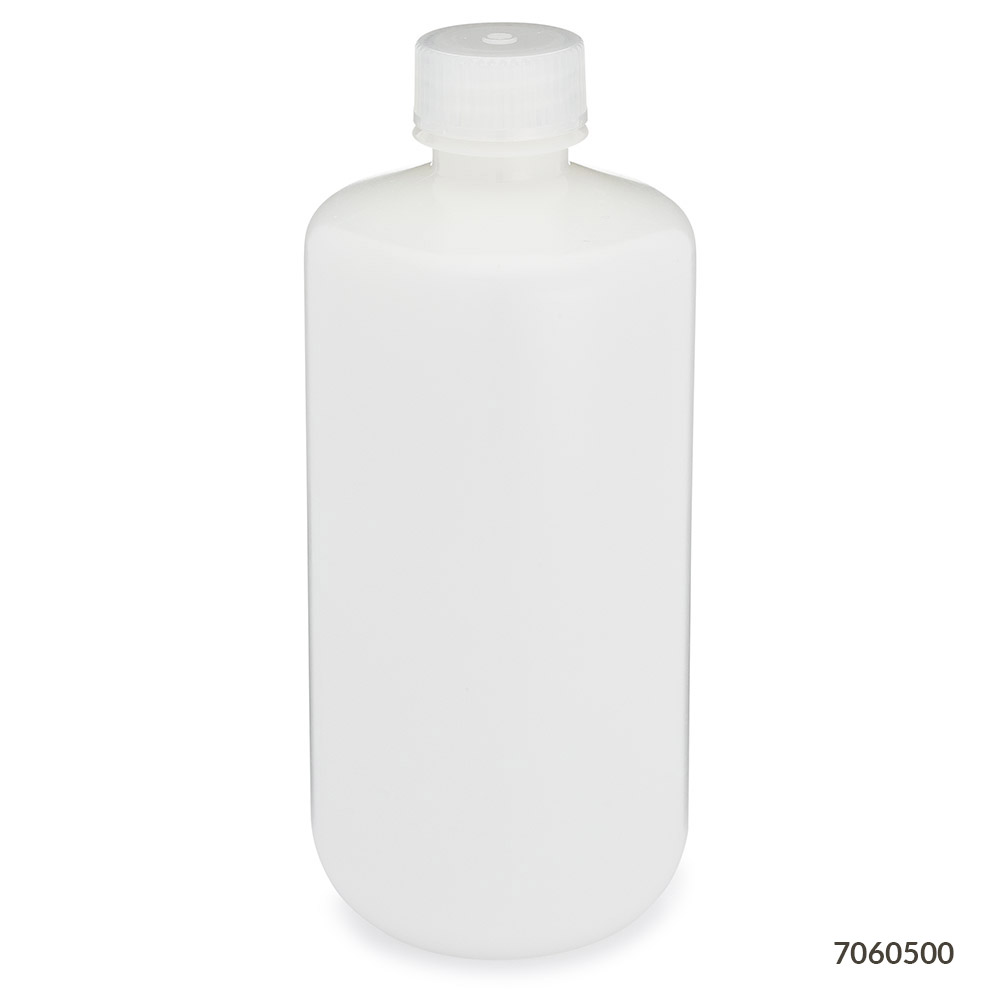 Globe Scientific Bottle, Narrow Mouth, HDPE Bottle, Attached PP Screw Cap, 500mL, 12/Pack Image