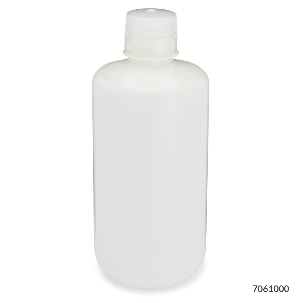 Globe Scientific Bottle, Narrow Mouth, HDPE Bottle, Attached PP Screw Cap, 1000mL, 6/Pack Image