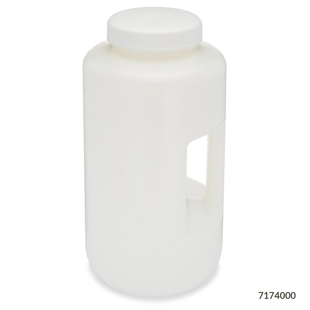 Globe Scientific Bottle, Large Wide Mouth with Handle, Round, HDPE Bottle, 100mm PP Screw Cap, 4 Litres (1.0 Gallons) Image