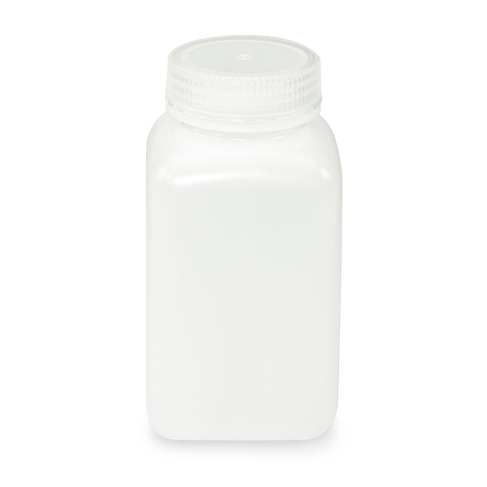 Globe Scientific Bottle, Wide Mouth, Square, HDPE, Attached PP Screw Cap, 500mL, 12/Pack Image