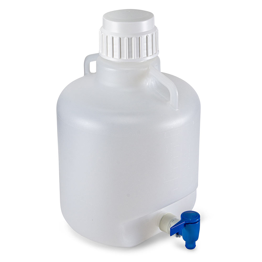 Globe Scientific Carboy, Round with Spigot and Handles, LDPE, White PP Screwcap, 10 Liter, Molded Graduations Image