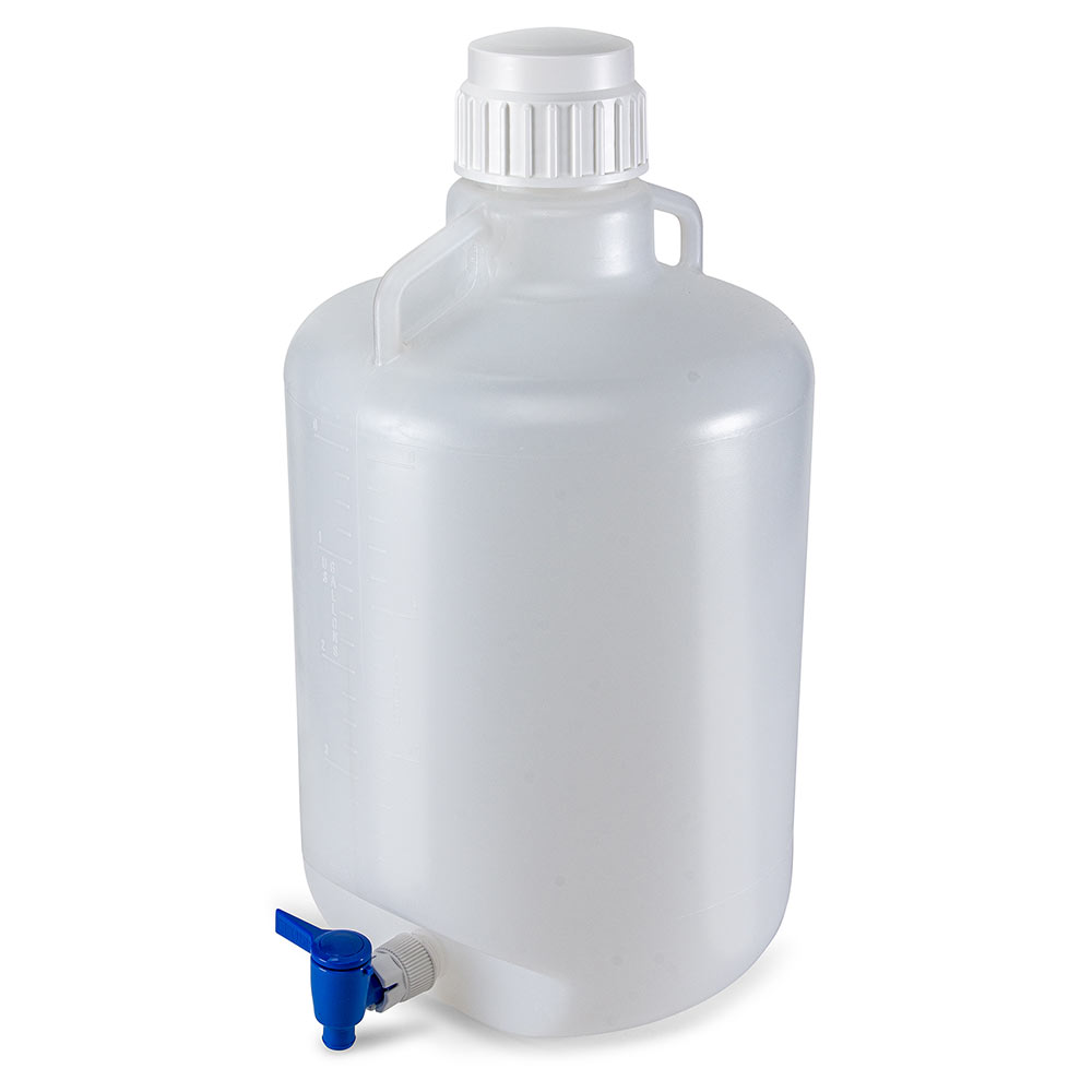 Globe Scientific Carboy, Round with Spigot and Handles, LDPE, White PP Screwcap, 20 Liter, Molded Graduations Image