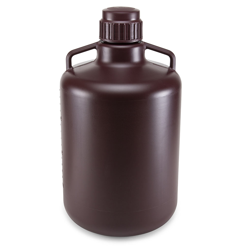 Globe Scientific Carboy, Round with Handles, Amber HDPE, Amber PP Screwcap, 20 Liter, Molded Graduations, Autoclavable Image