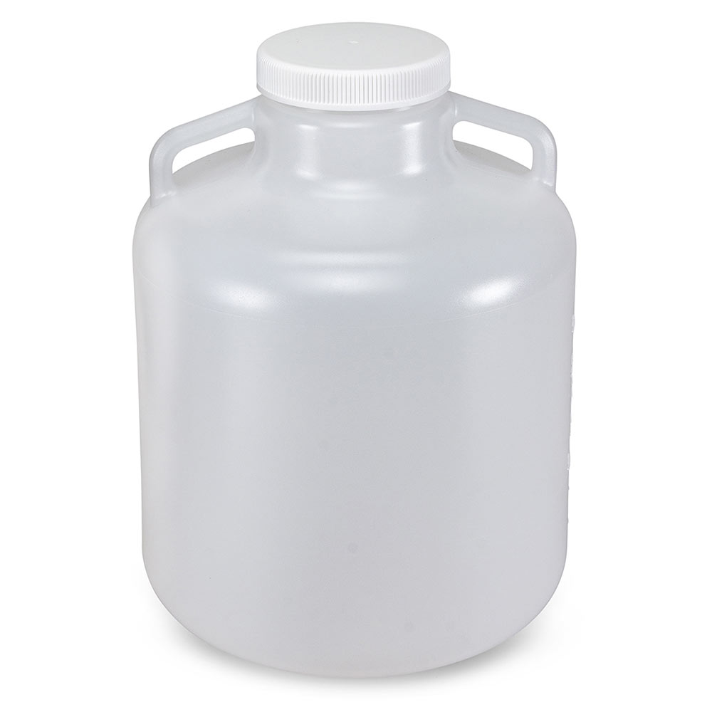 Globe Scientific Carboy, Round with Handles, Wide Mouth, LDPE, White PP Screwcap, 10 Liter, Molded Graduations Image