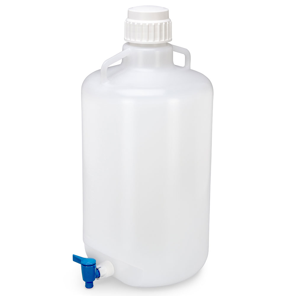 Globe Scientific Carboy, Round with Spigot and Handles, LDPE, White PP Screwcap, 25 Liter, Molded Graduations Image