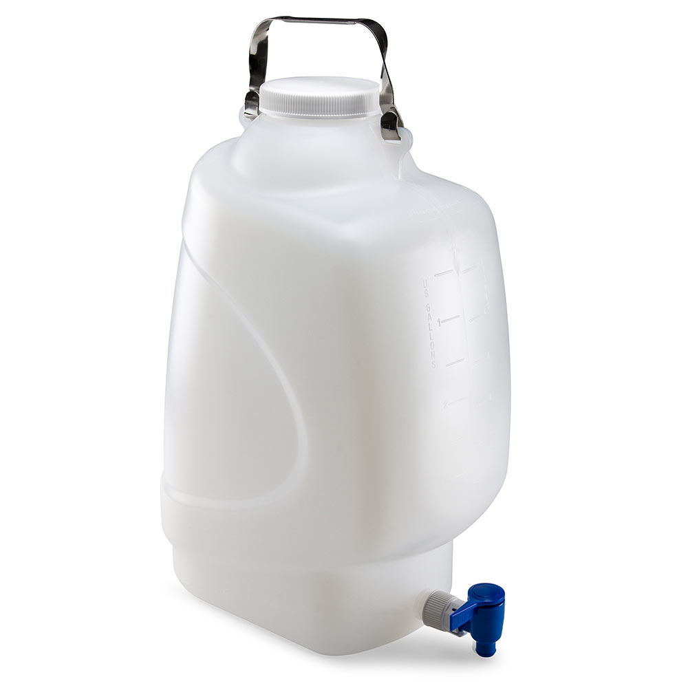 Globe Scientific Carboy, Rectangular with Spigot and Handle, HDPE, White PP Screwcap, 20 Liter, Molded Graduations Image