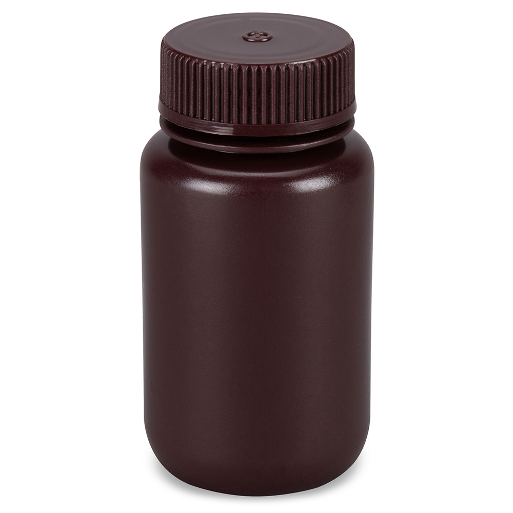 Globe Scientific Bottle, Wide Mouth, Round, Amber HDPE with Amber PP Closure, 125mL, Bulk Packed with Bottles and Caps Bagged Separately, 500/Case Image