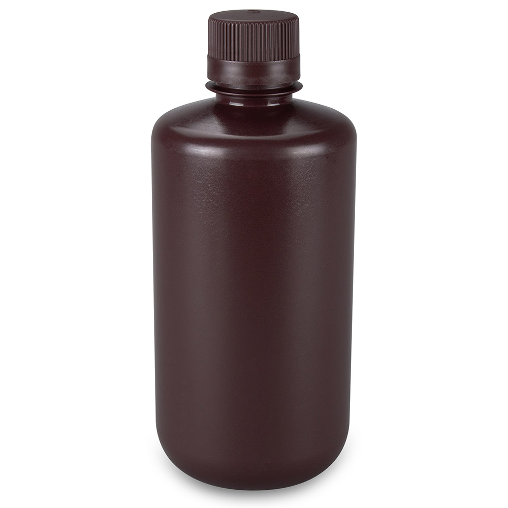 Globe Scientific Bottle, Narrow Mouth, Boston Round, Amber HDPE with Amber PP Closure, 1000mL, Bulk Packed with Bottles and Caps Bagged Separately, 50/Case Image