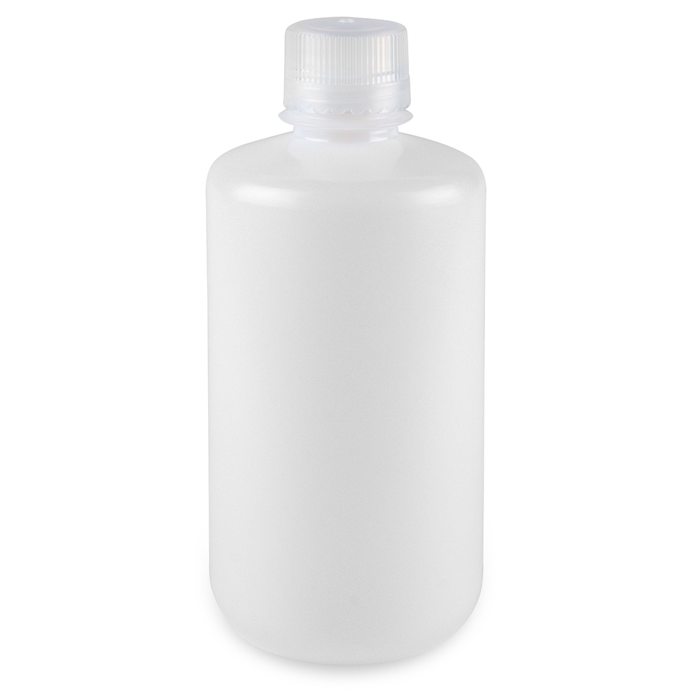 Globe Scientific Bottle, Narrow Mouth, Boston Round, HDPE with PP Closure, 1000mL, Bulk Packed with Bottles and Caps Bagged Separately, 50/Case Image