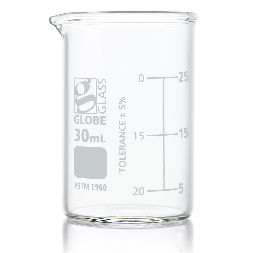 Globe Scientific Beaker, Globe Glass, 30mL, Low Form Griffin Style, Dual Graduations, ASTM E960, 12/Box Image