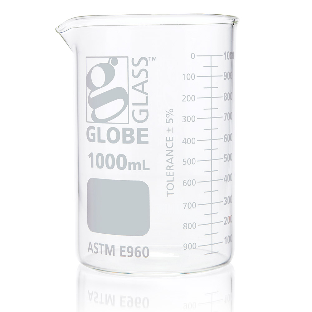 Globe Scientific Beaker, Globe Glass, 1000mL, Low Form Griffin Style, Dual Graduations, ASTM E960, 6/Box Image