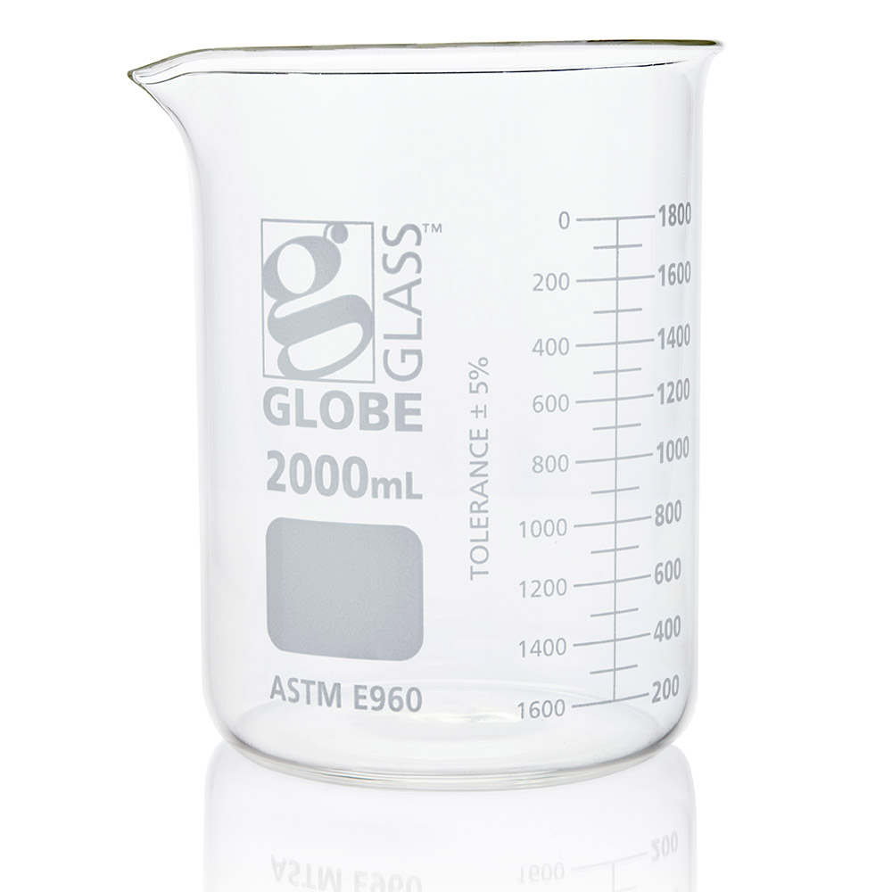 Globe Scientific Beaker, Globe Glass, 2000mL, Low Form Griffin Style, Dual Graduations, ASTM E960, 4/Box Image